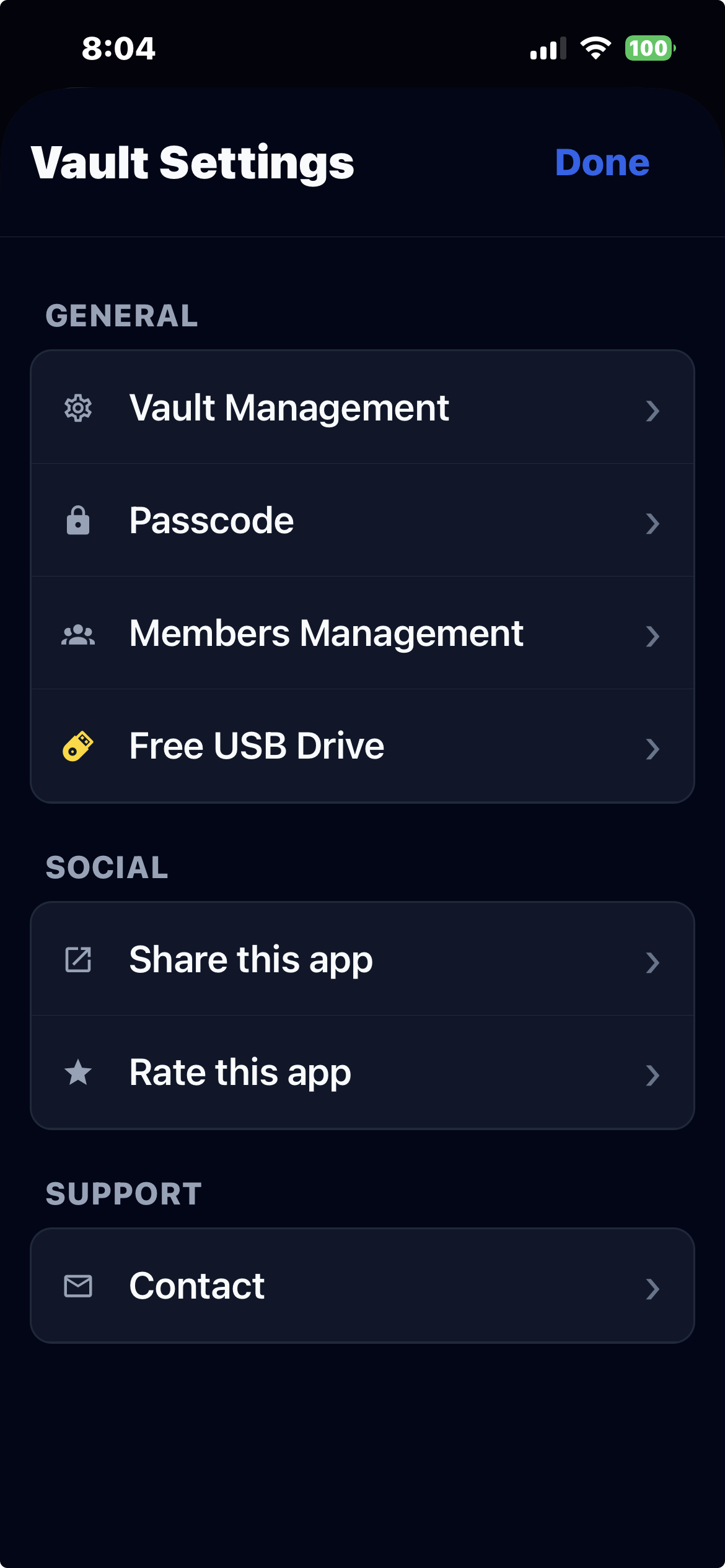 Vault Settings showing the Contact option under the Support section